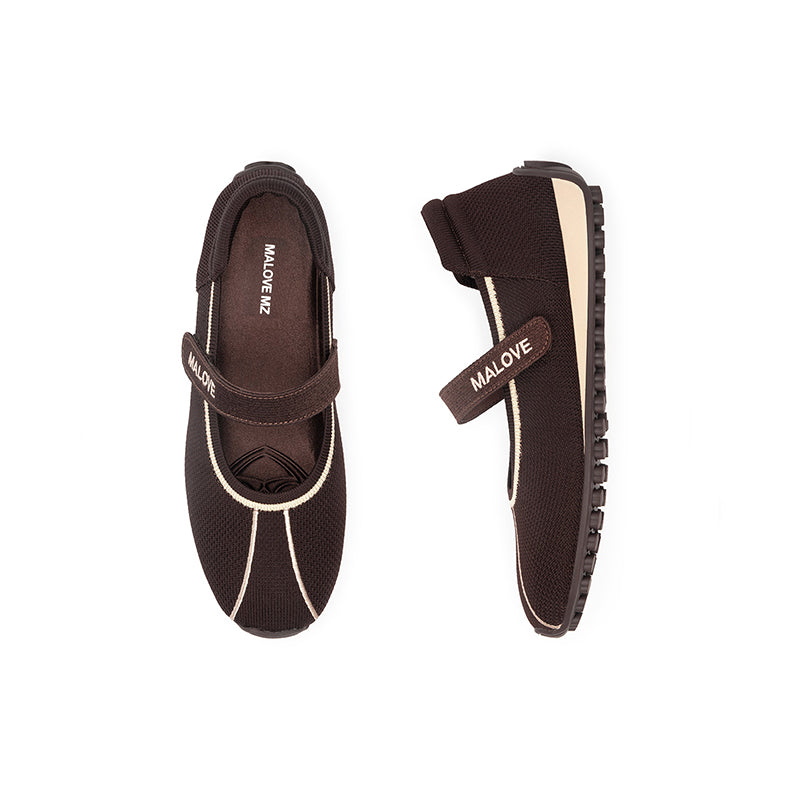 Sport Ballet Mary Jane Flats – Breathable Knit Velcro Strap Walking Shoes