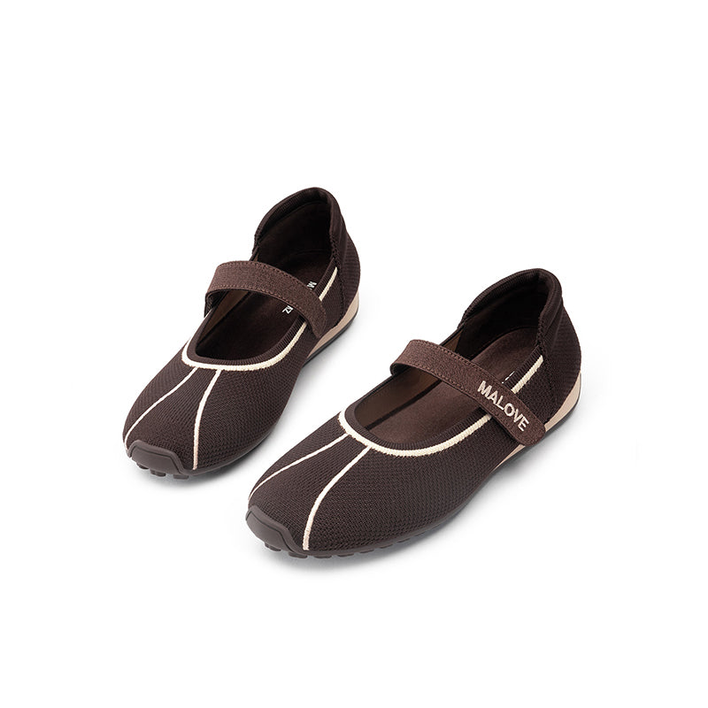 Sport Ballet Mary Jane Flats – Breathable Knit Velcro Strap Walking Shoes