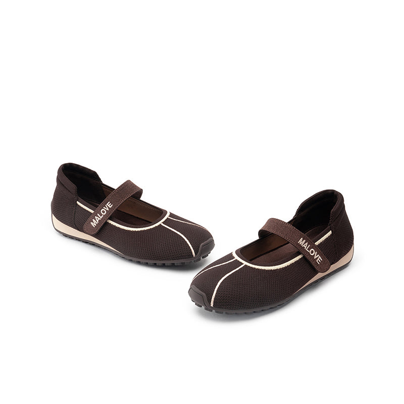 Sport Ballet Mary Jane Flats – Breathable Knit Velcro Strap Walking Shoes