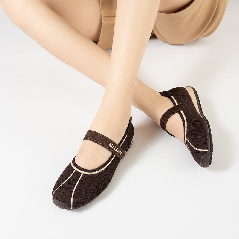 Sport Ballet Mary Jane Flats – Breathable Knit Velcro Strap Walking Shoes
