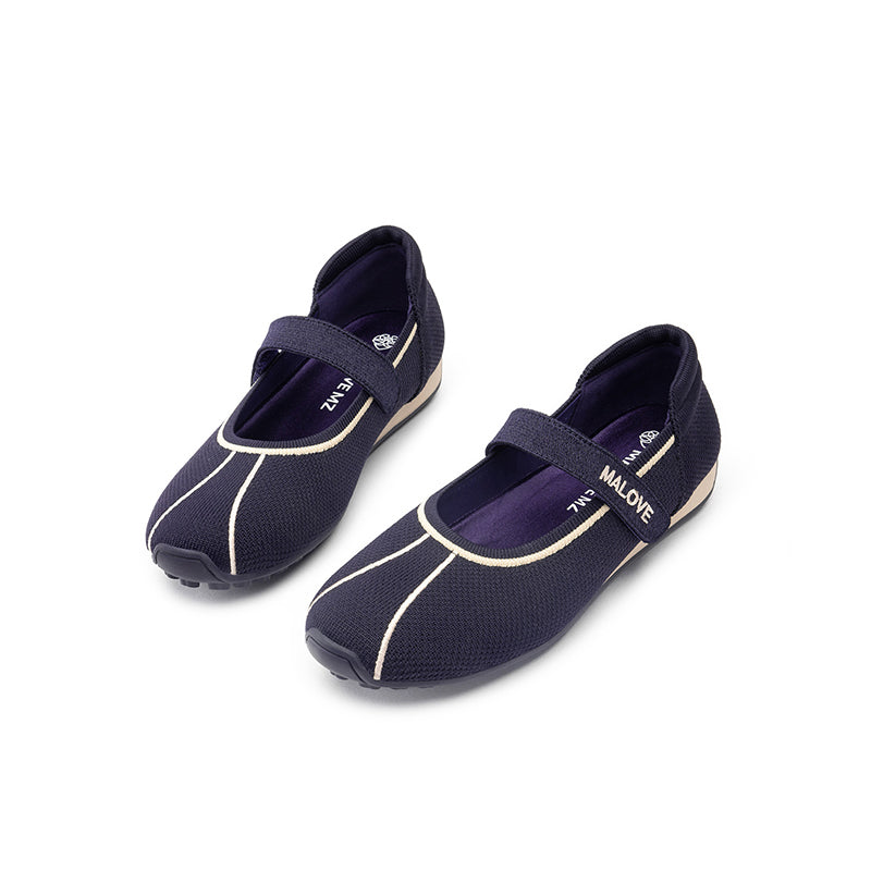 Sport Ballet Mary Jane Flats – Breathable Knit Velcro Strap Walking Shoes