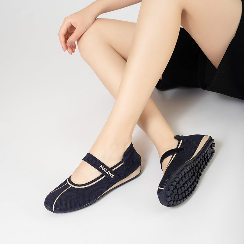 Sport Ballet Mary Jane Flats – Breathable Knit Velcro Strap Walking Shoes
