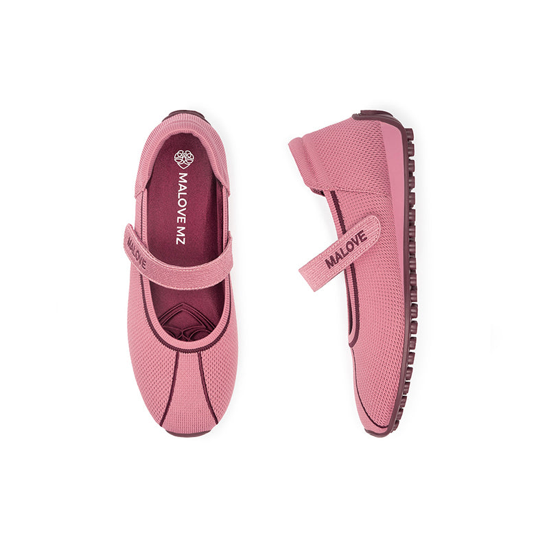 Sport Ballet Mary Jane Flats – Breathable Knit Velcro Strap Walking Shoes