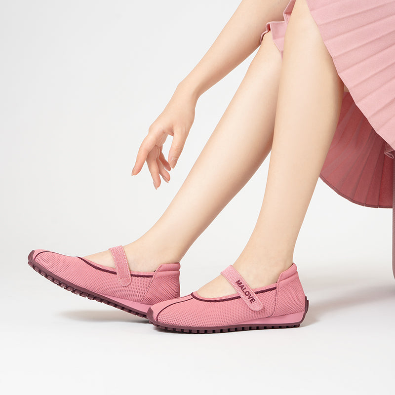 Sport Ballet Mary Jane Flats – Breathable Knit Velcro Strap Walking Shoes