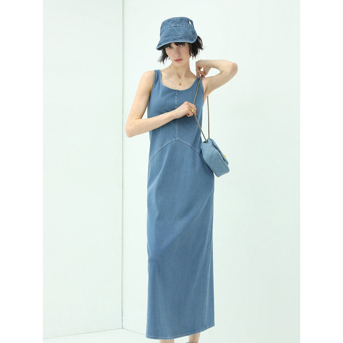 sporty scoop neck blue denim tank dress all blue 1
