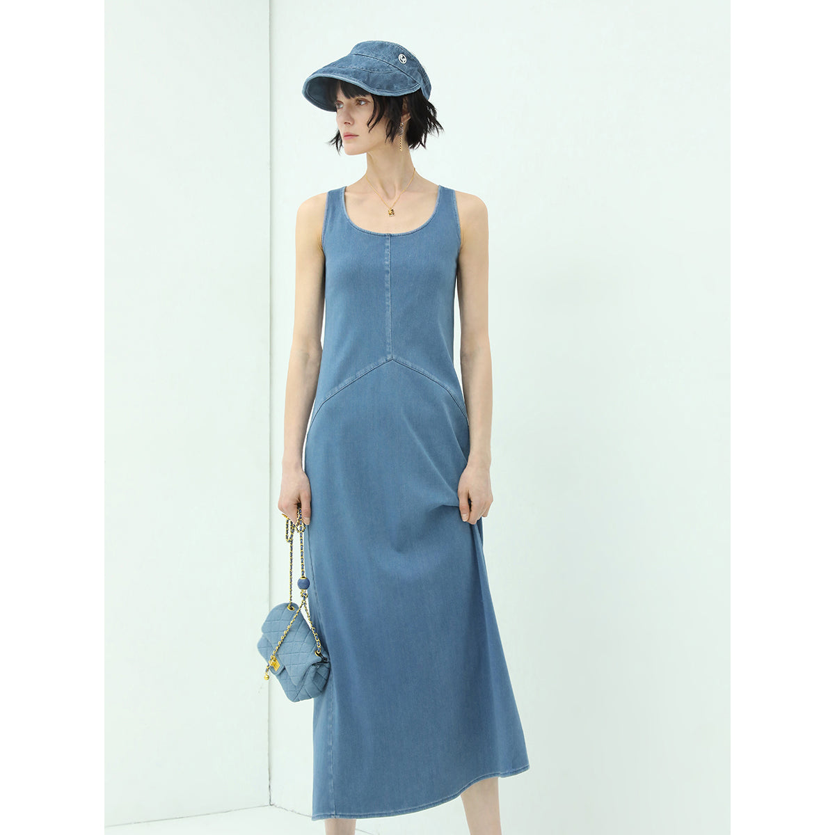 sporty scoop neck blue denim tank dress all blue 2