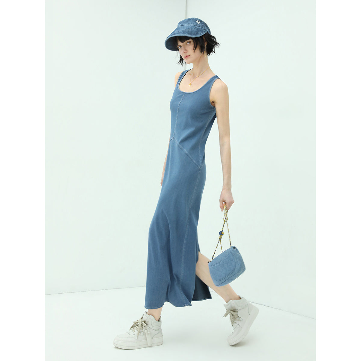 sporty scoop neck blue denim tank dress all blue 3