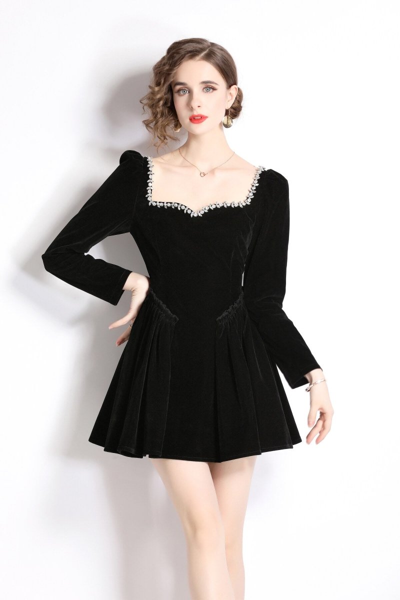 square neck mid waist black vintage beaded velvet dress all black 2