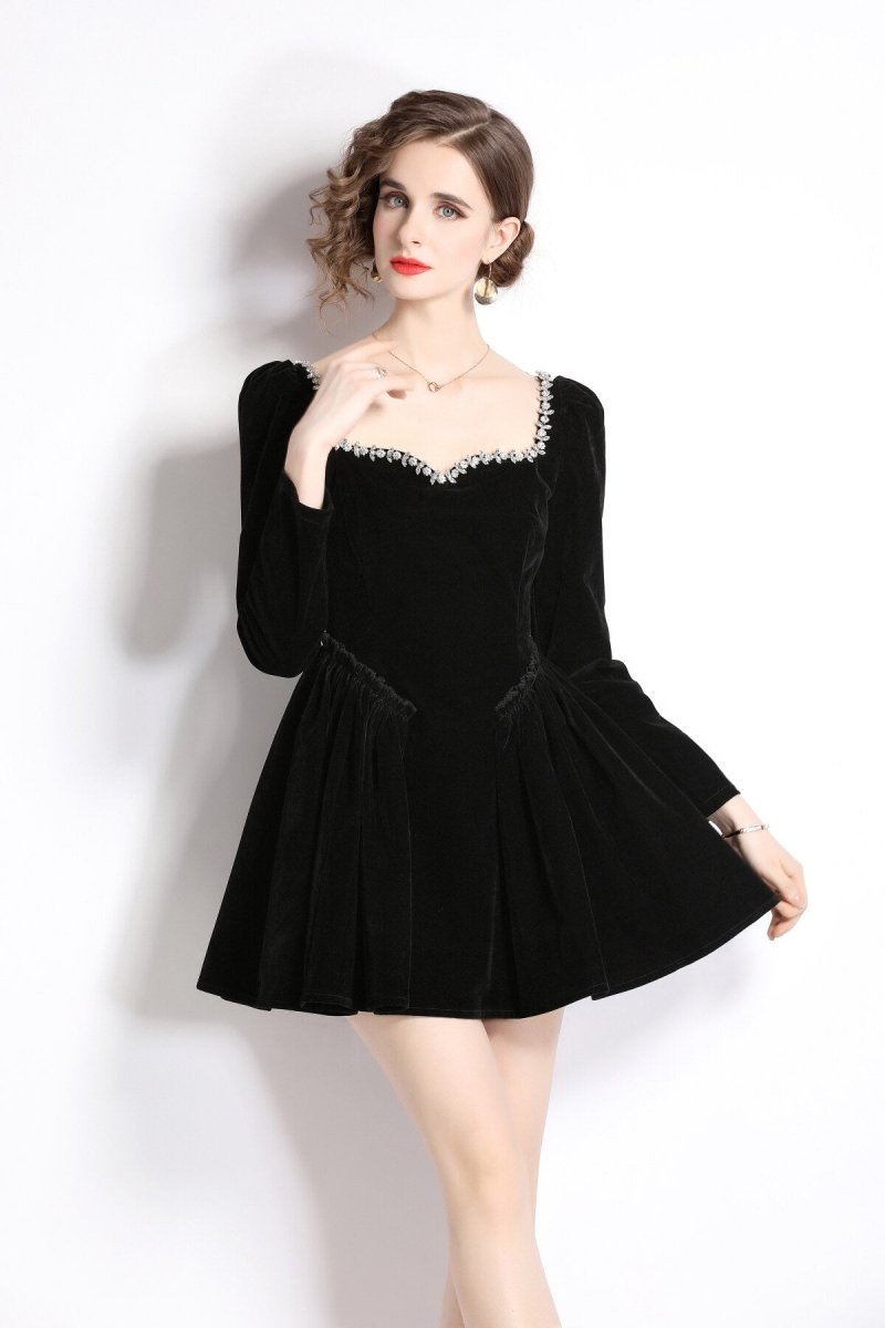 square neck mid waist black vintage beaded velvet dress all black 3