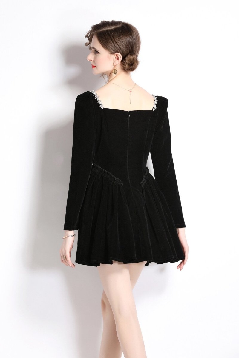 square neck mid waist black vintage beaded velvet dress all black 4