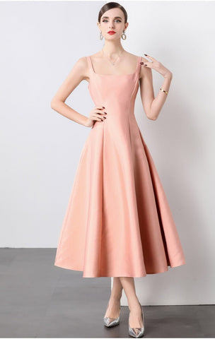 Square Neck Thick Strap Long Flared Ballerina Dress