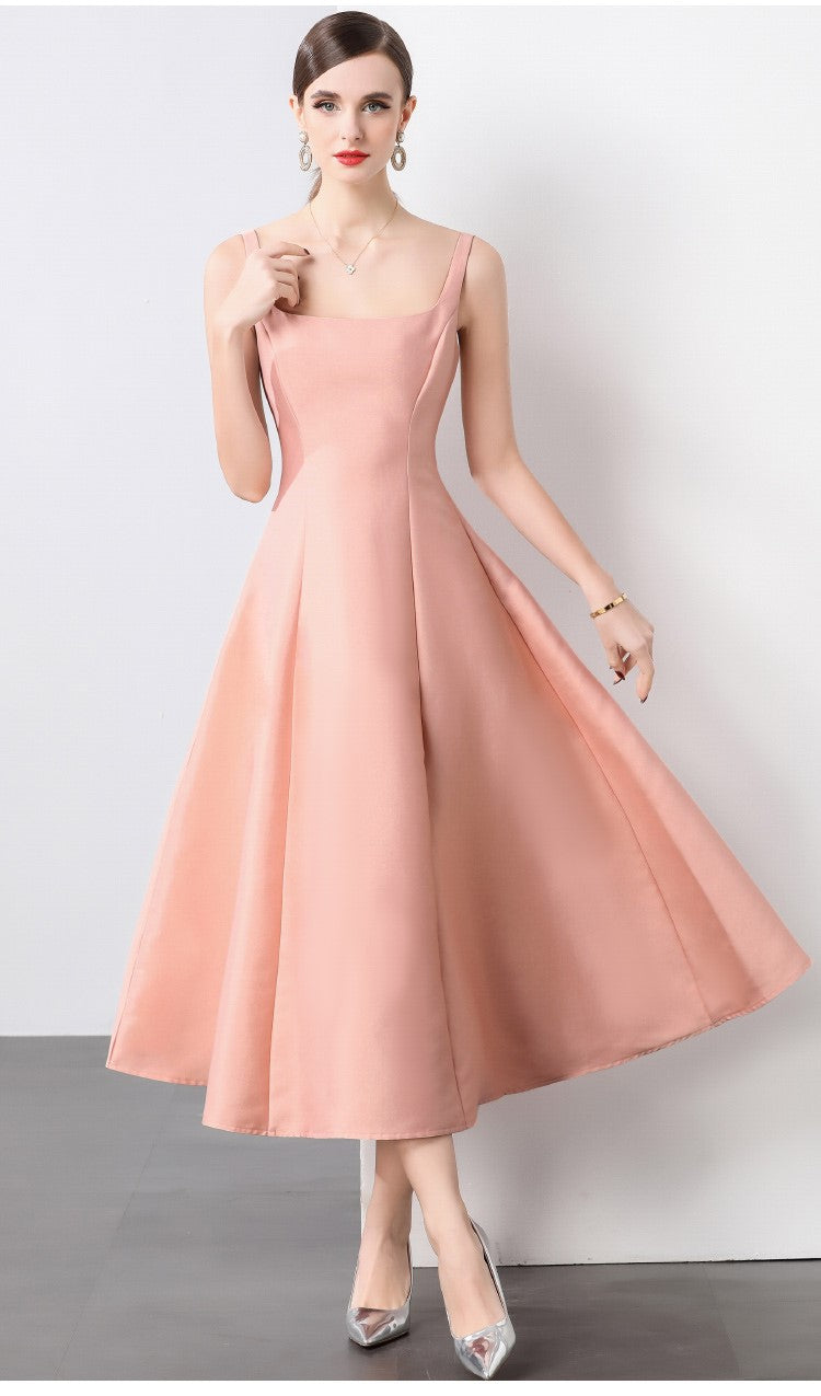 square neck thick strap long flared ballerina dress all nude 3