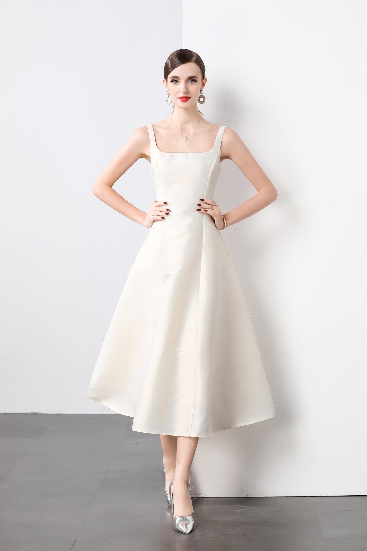 square neck thick strap long flared ballerina dress all white 1