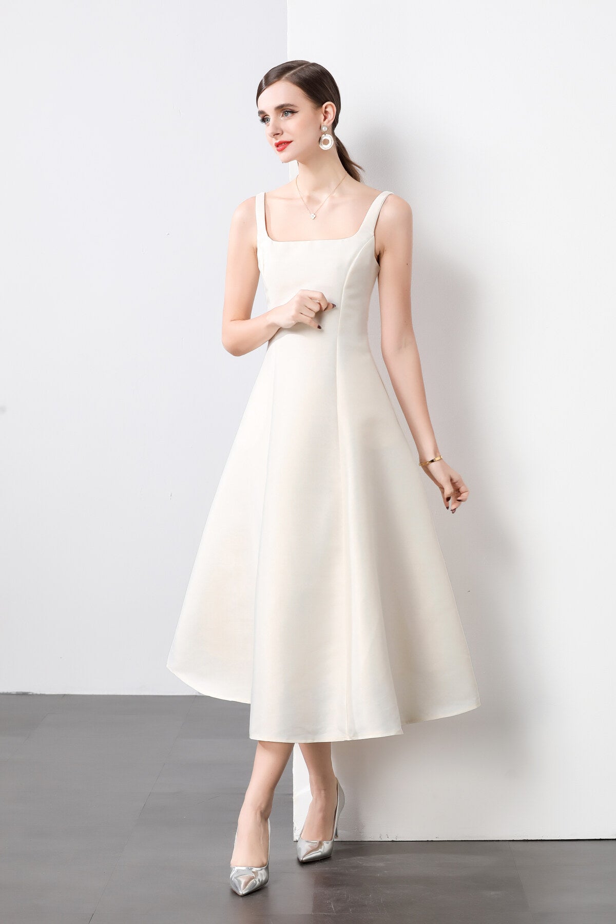 square neck thick strap long flared ballerina dress all white 2