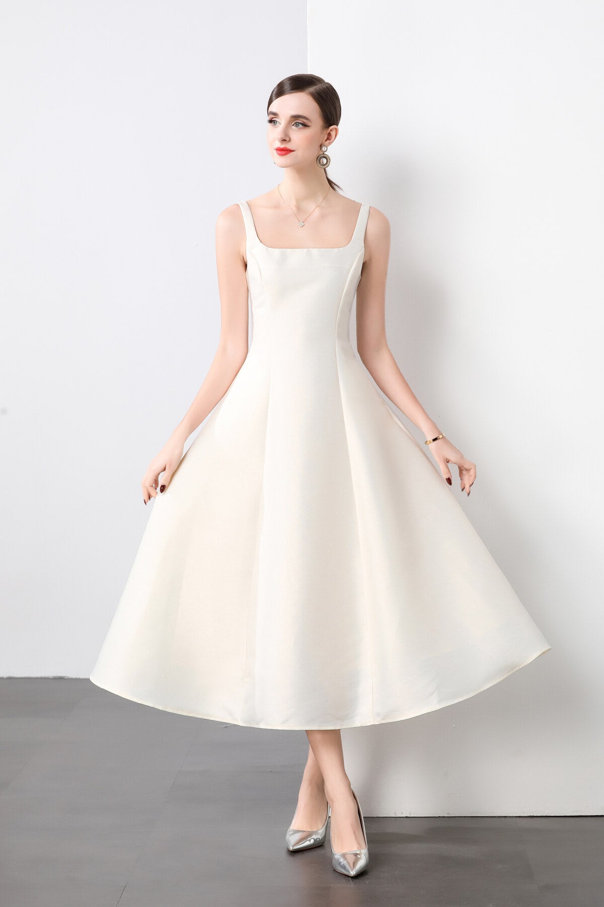 square neck thick strap long flared ballerina dress all white 3