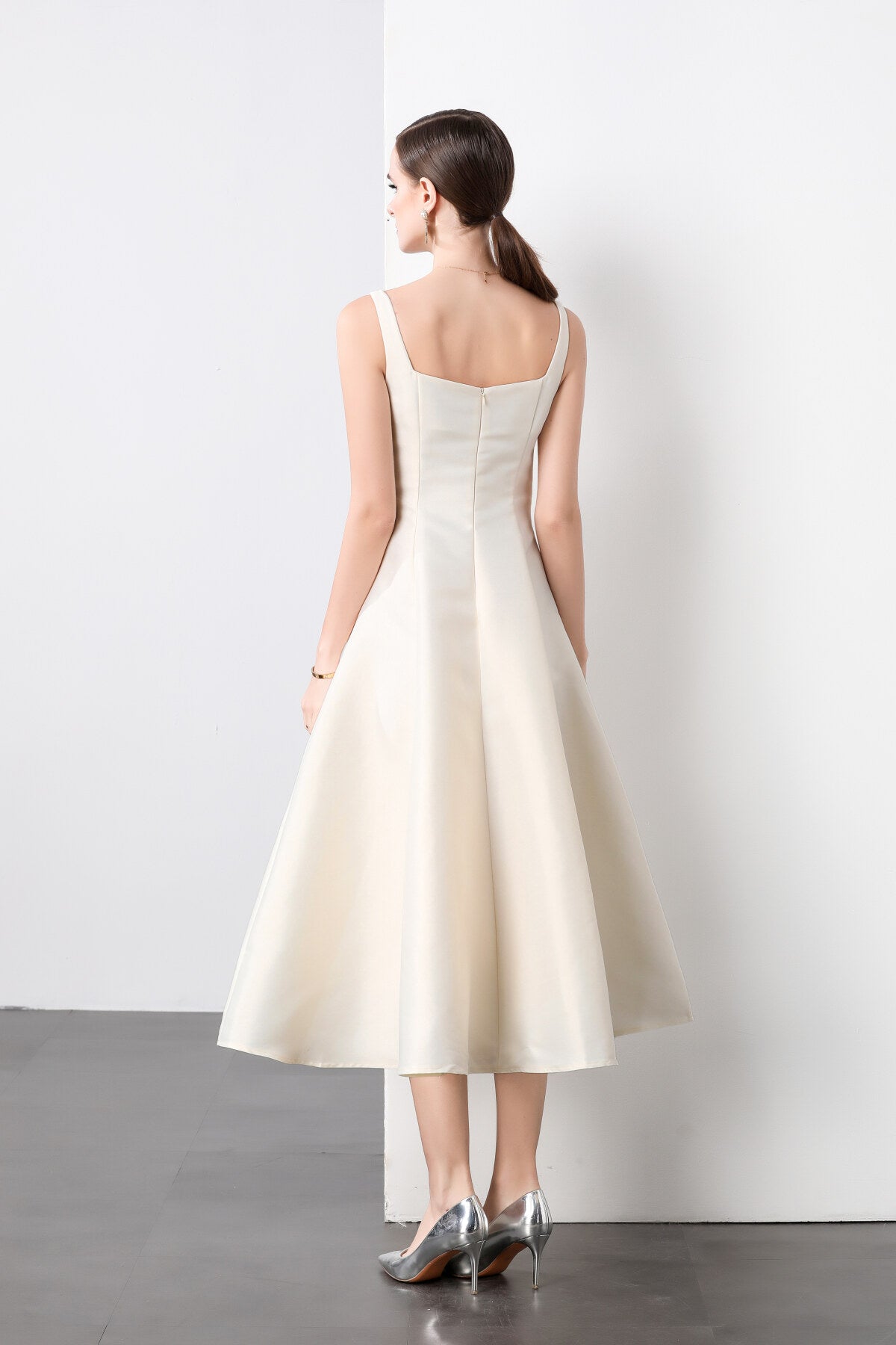 square neck thick strap long flared ballerina dress all white 4