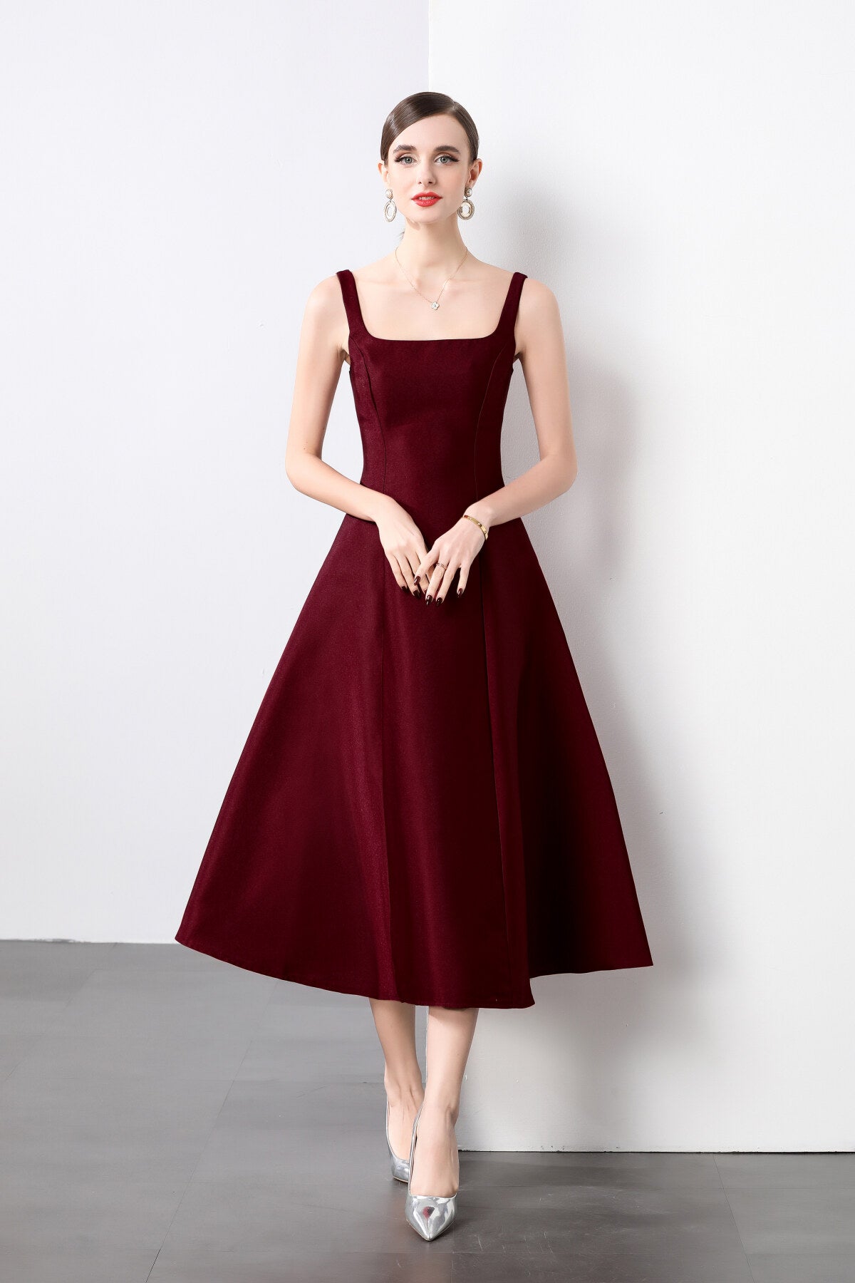 square neck thick strap long flared ballerina dress all wine 1