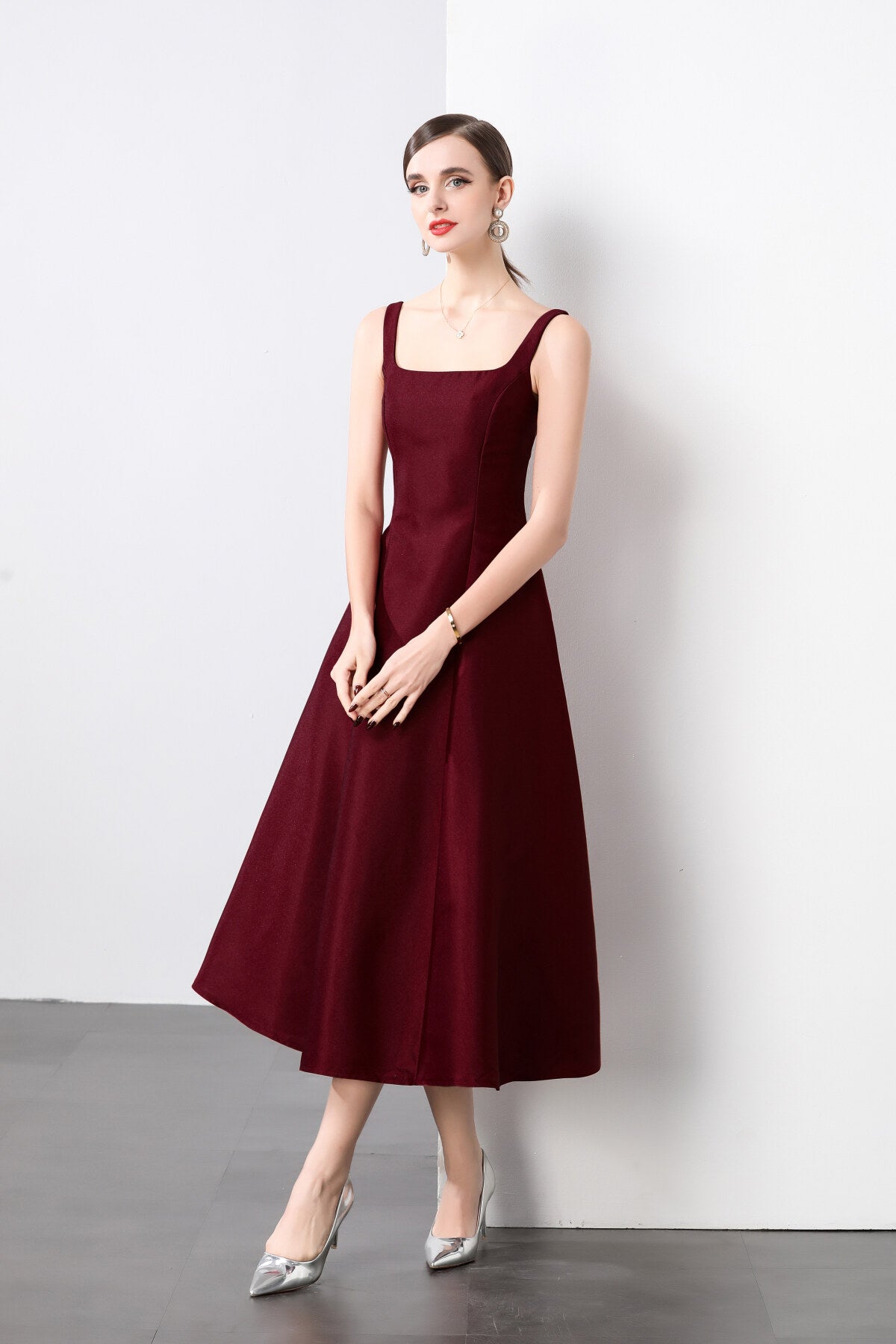 square neck thick strap long flared ballerina dress all wine 2