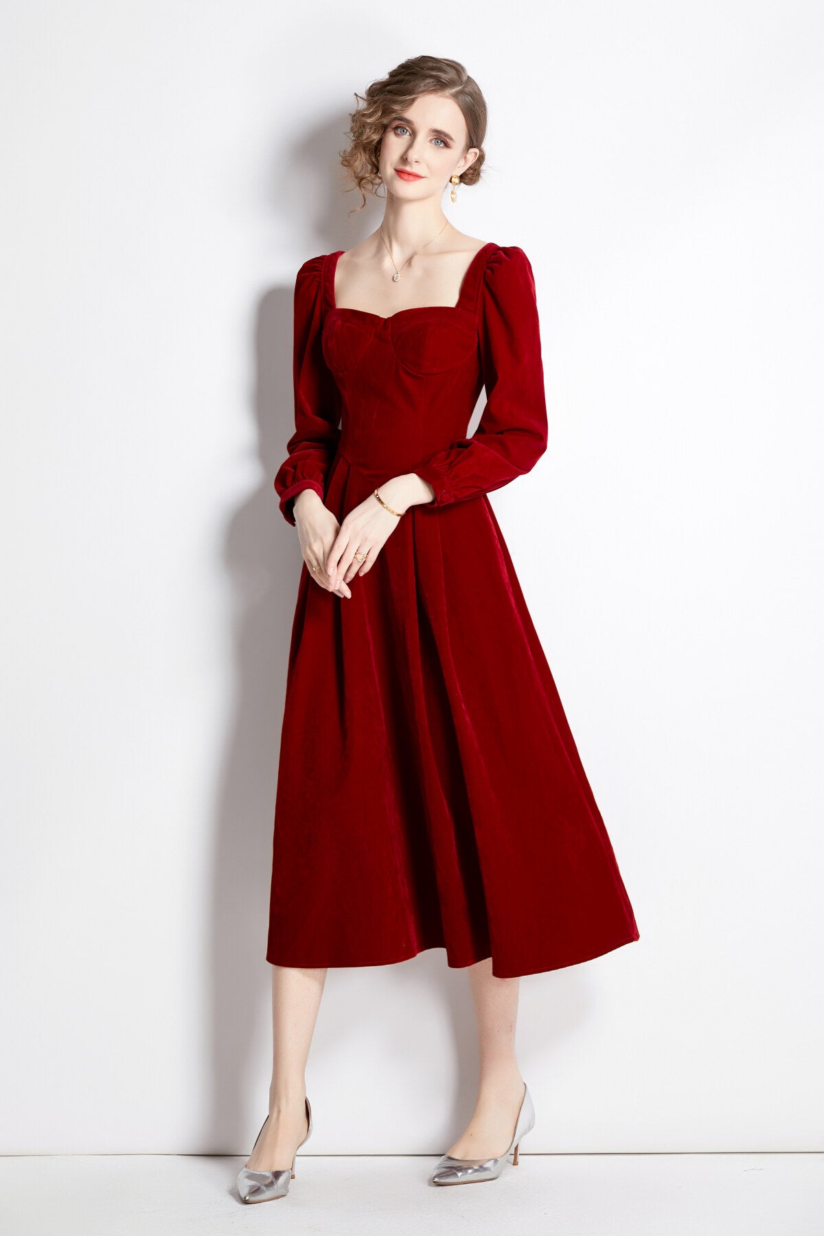 square sweetheart neckline vintage velvet dress all red 2