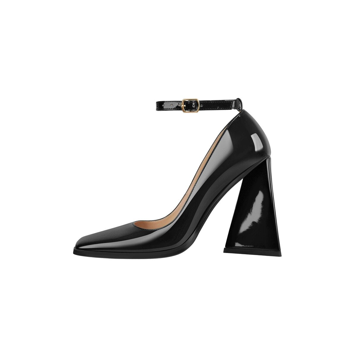 Square Toe Ankle Strap Heels with Trapezoid Block Heel