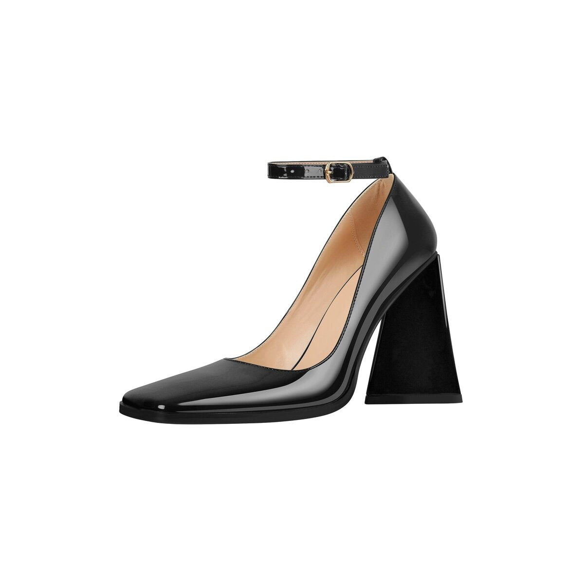 Square Toe Ankle Strap Heels with Trapezoid Block Heel