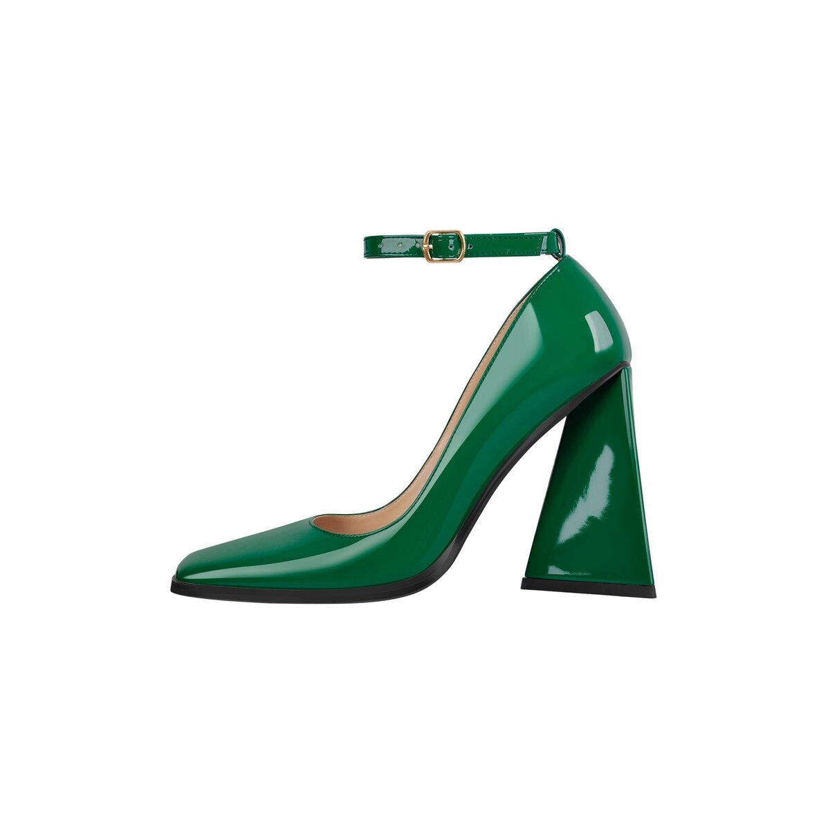 Square Toe Ankle Strap Heels with Trapezoid Block Heel