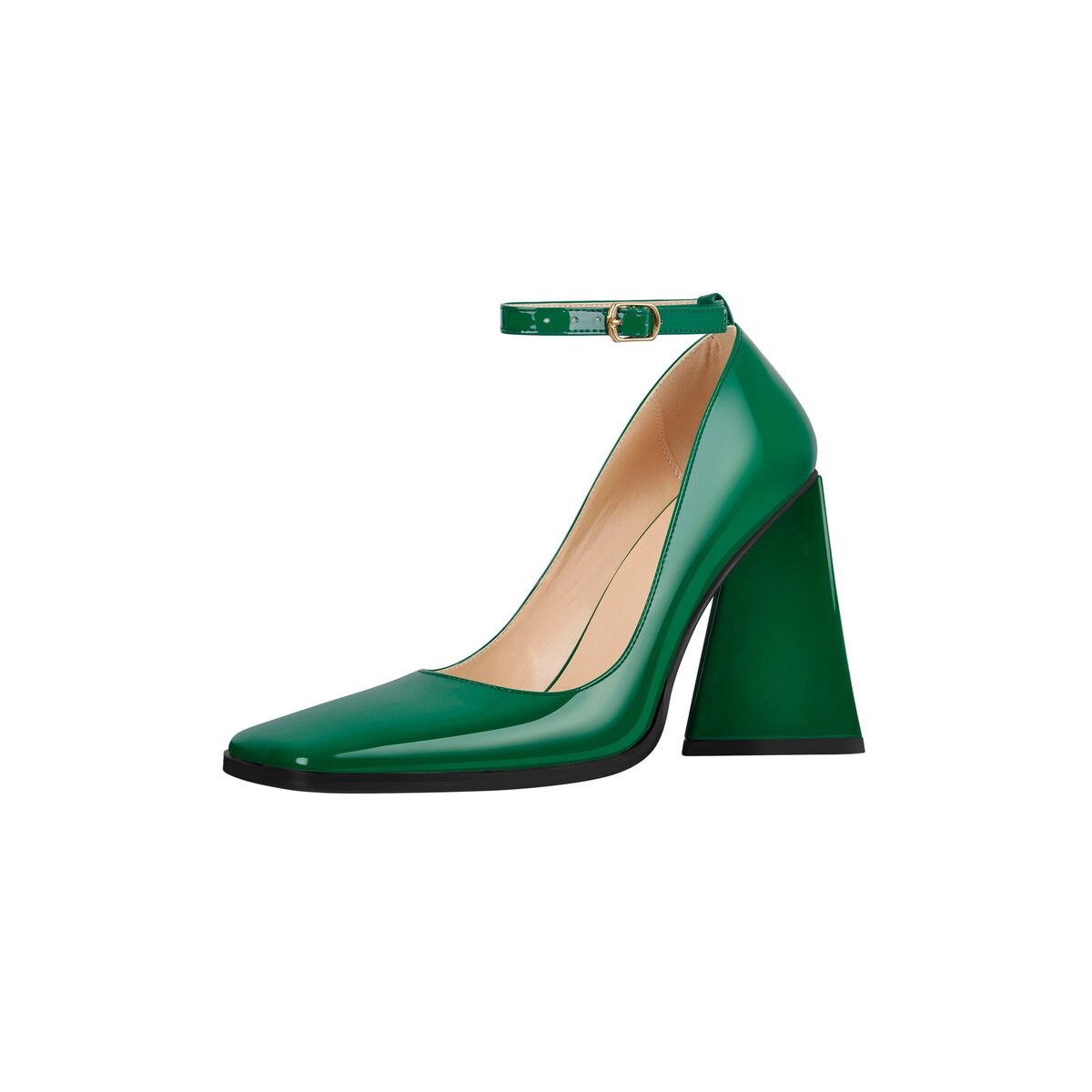 Square Toe Ankle Strap Heels with Trapezoid Block Heel