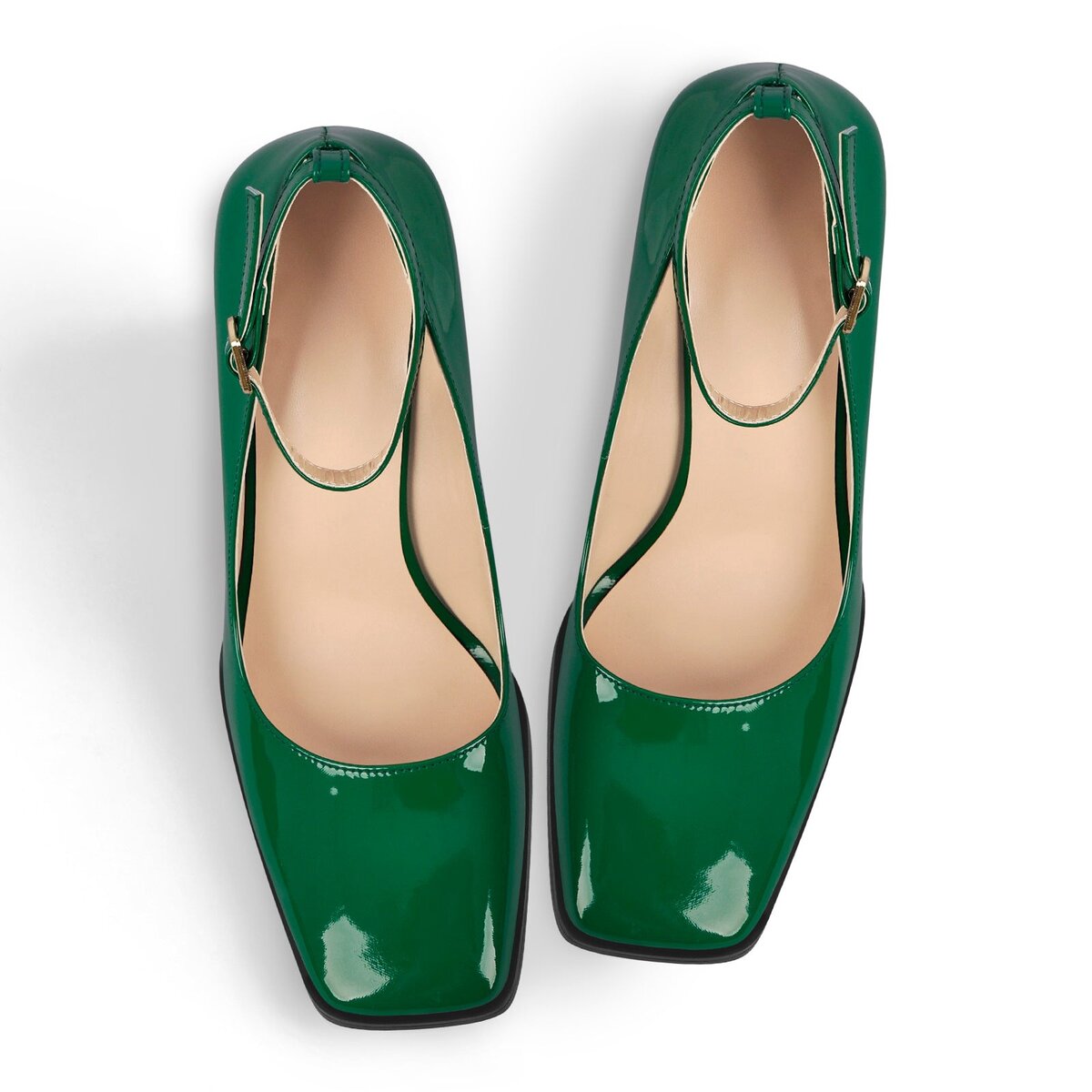 Square Toe Ankle Strap Heels with Trapezoid Block Heel