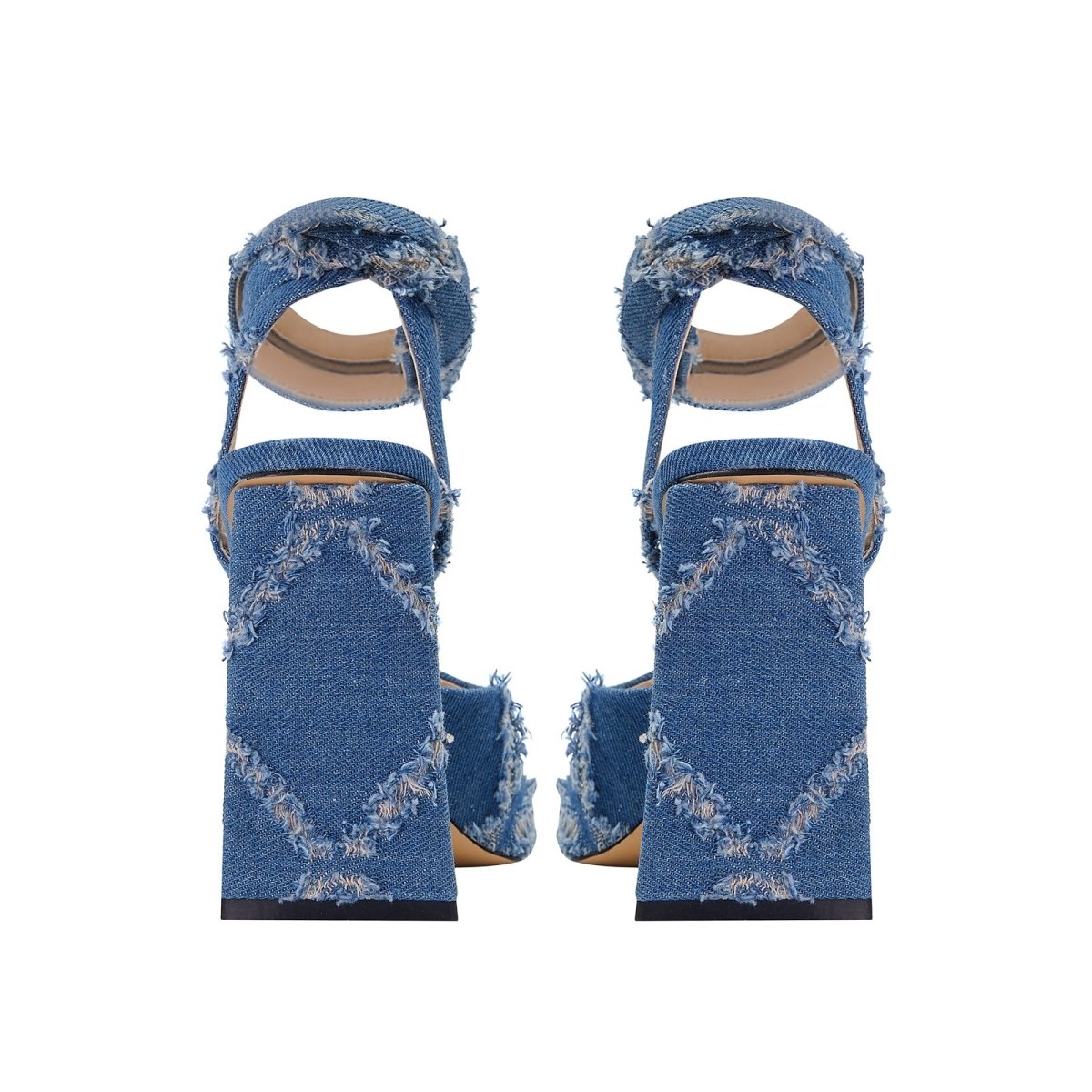 Square Toe Diamond Pattern Denim Ankle Strap Sandals - 0cm