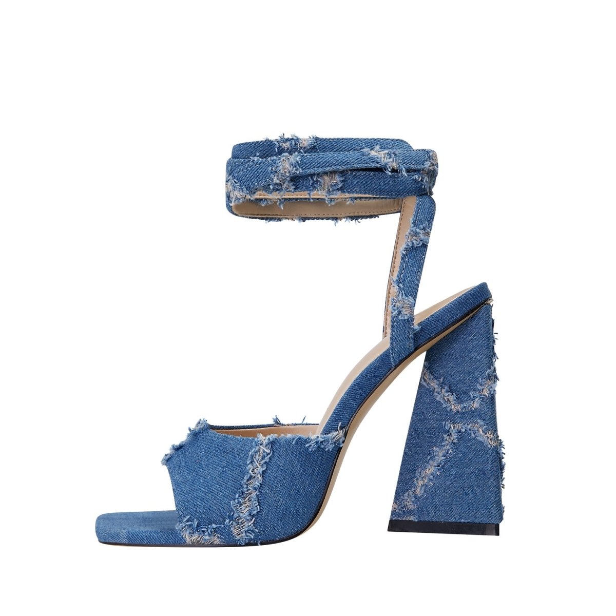 Square Toe Diamond Pattern Denim Ankle Strap Sandals - 0cm