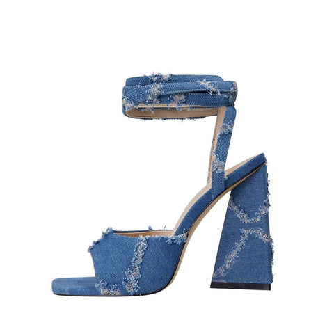 Square Toe Diamond Pattern Denim Ankle Strap Sandals