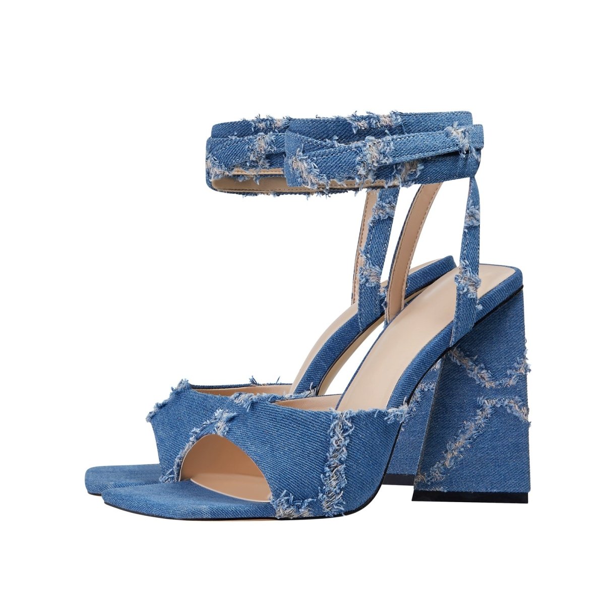 Square Toe Diamond Pattern Denim Ankle Strap Sandals - 0cm
