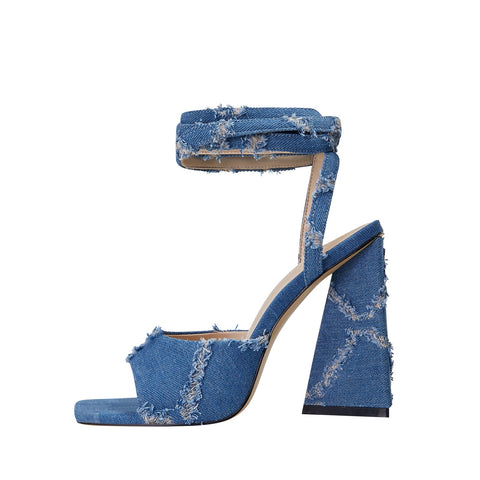 Square Toe Diamond Pattern Denim Ankle Strap Sandals