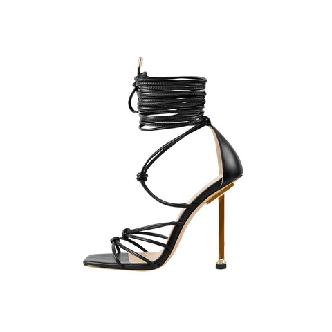 Square Toe Lace Up Stiletto Sandals with Wraparound Ties
