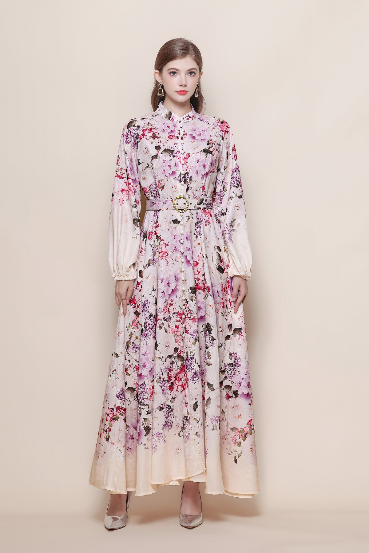 Stand Collar Cascading Floral Fade Print Maxi Dress with Balloon Sleeves and Jeweled Round Buckle Belt