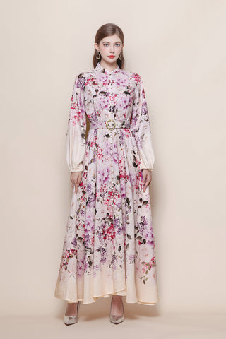Stand Collar Cascading Floral Fade Print Maxi Dress with Balloon Sleeves and Jeweled Round Buckle Belt