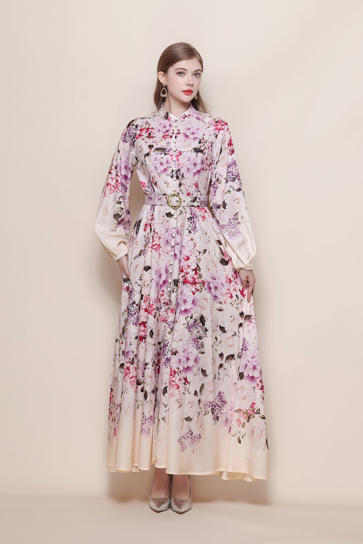 Stand Collar Cascading Floral Fade Print Maxi Dress with Balloon Sleeves and Jeweled Round Buckle Belt