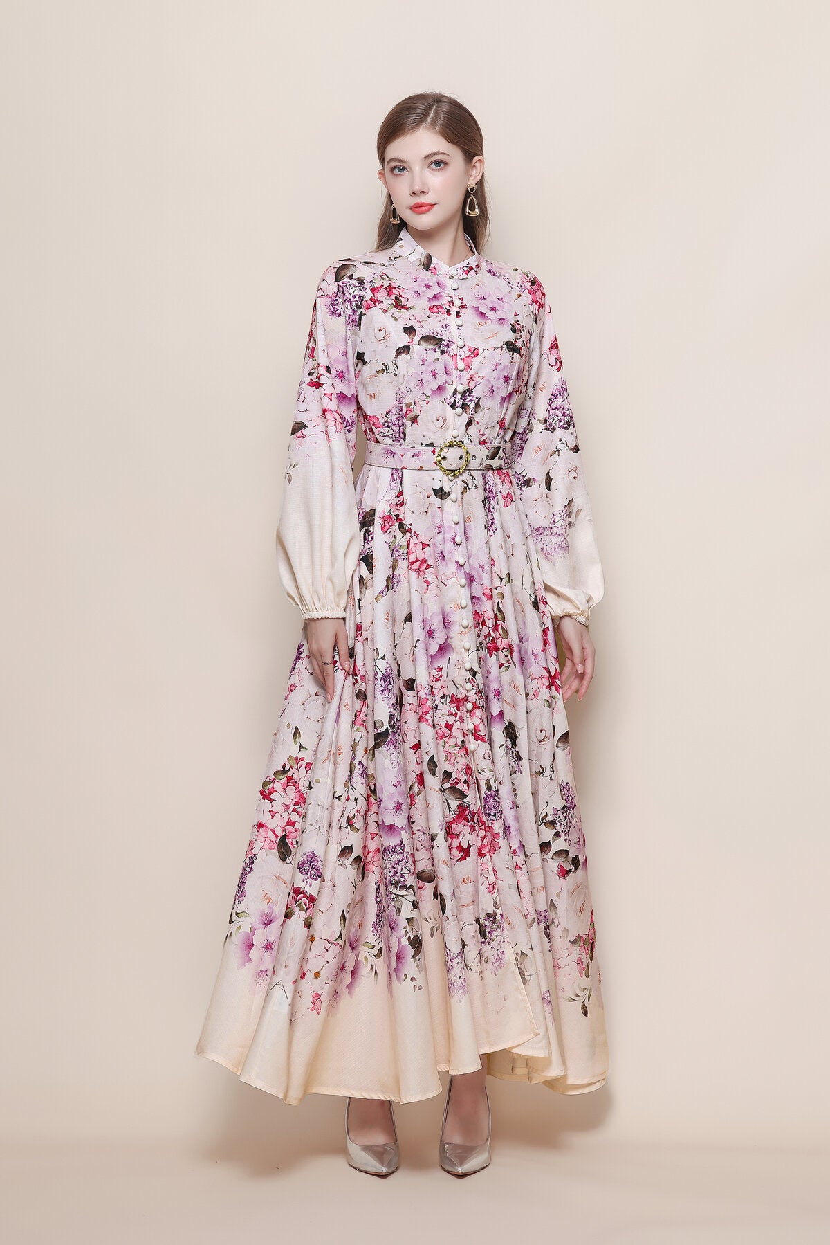 Stand Collar Cascading Floral Fade Print Maxi Dress with Balloon Sleeves and Jeweled Round Buckle Belt