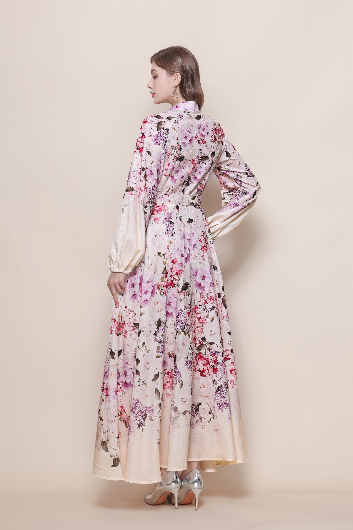 Stand Collar Cascading Floral Fade Print Maxi Dress with Balloon Sleeves and Jeweled Round Buckle Belt