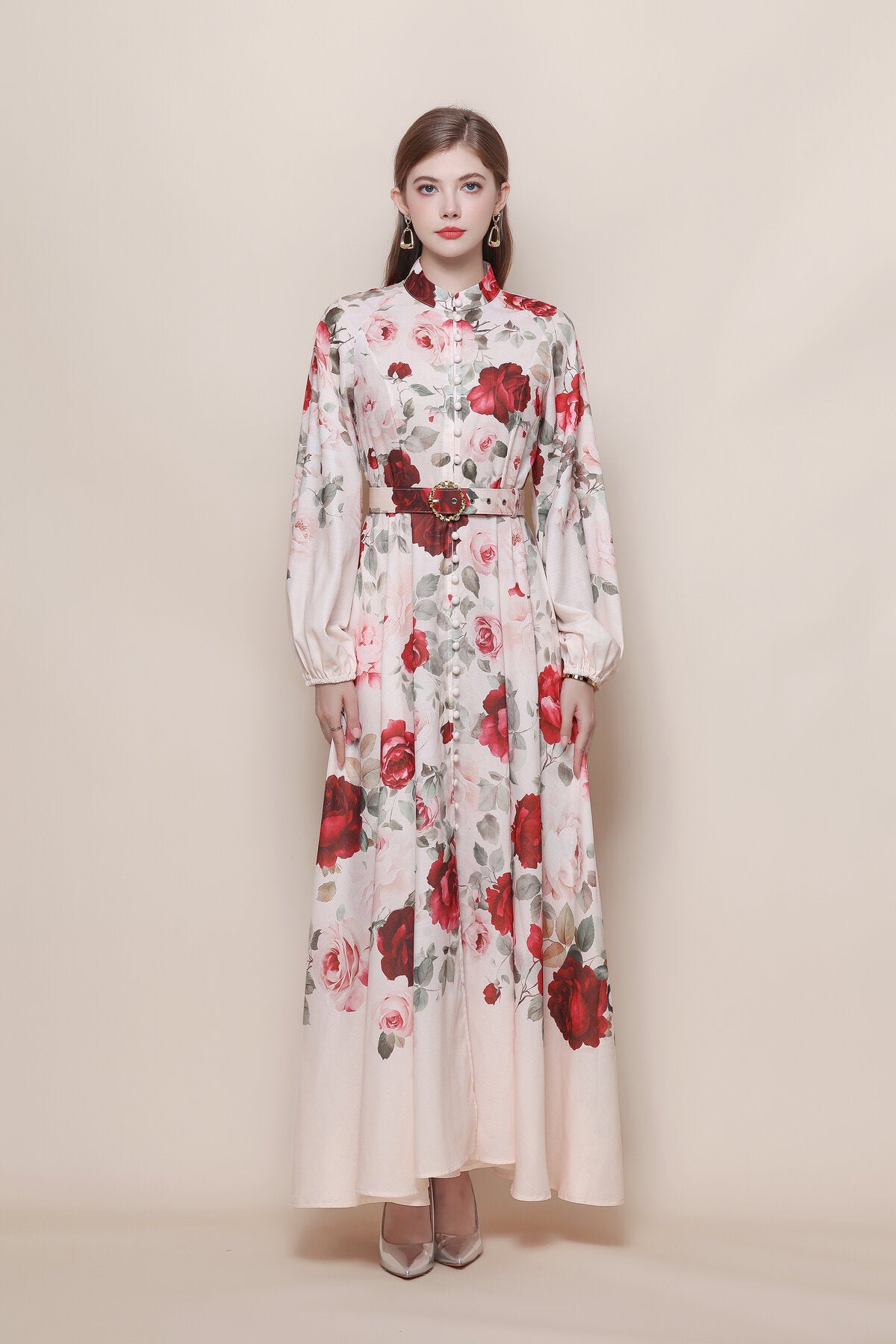 Stand Collar Cascading Rose Print Maxi Dress