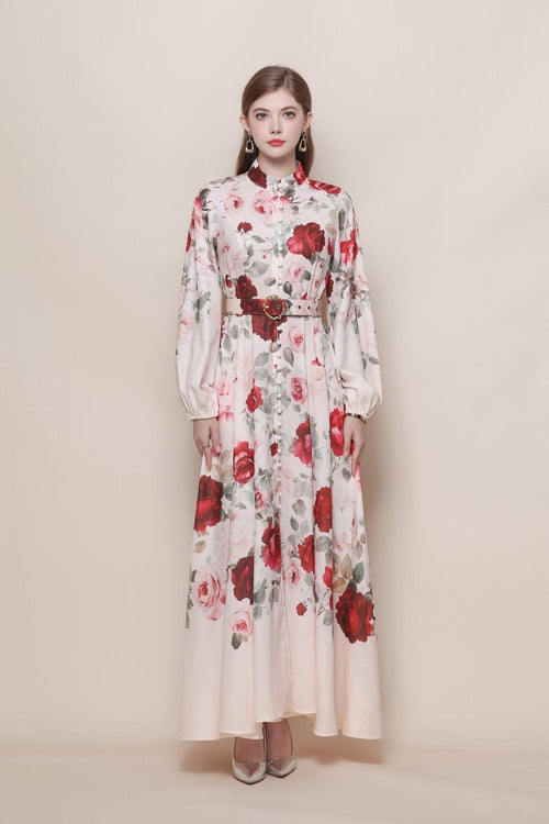 Stand Collar Cascading Rose Print Maxi Dress