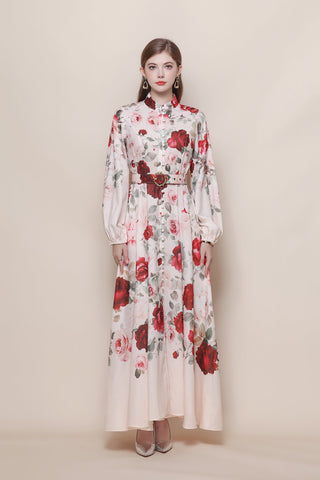 Stand Collar Cascading Rose Print Maxi Dress