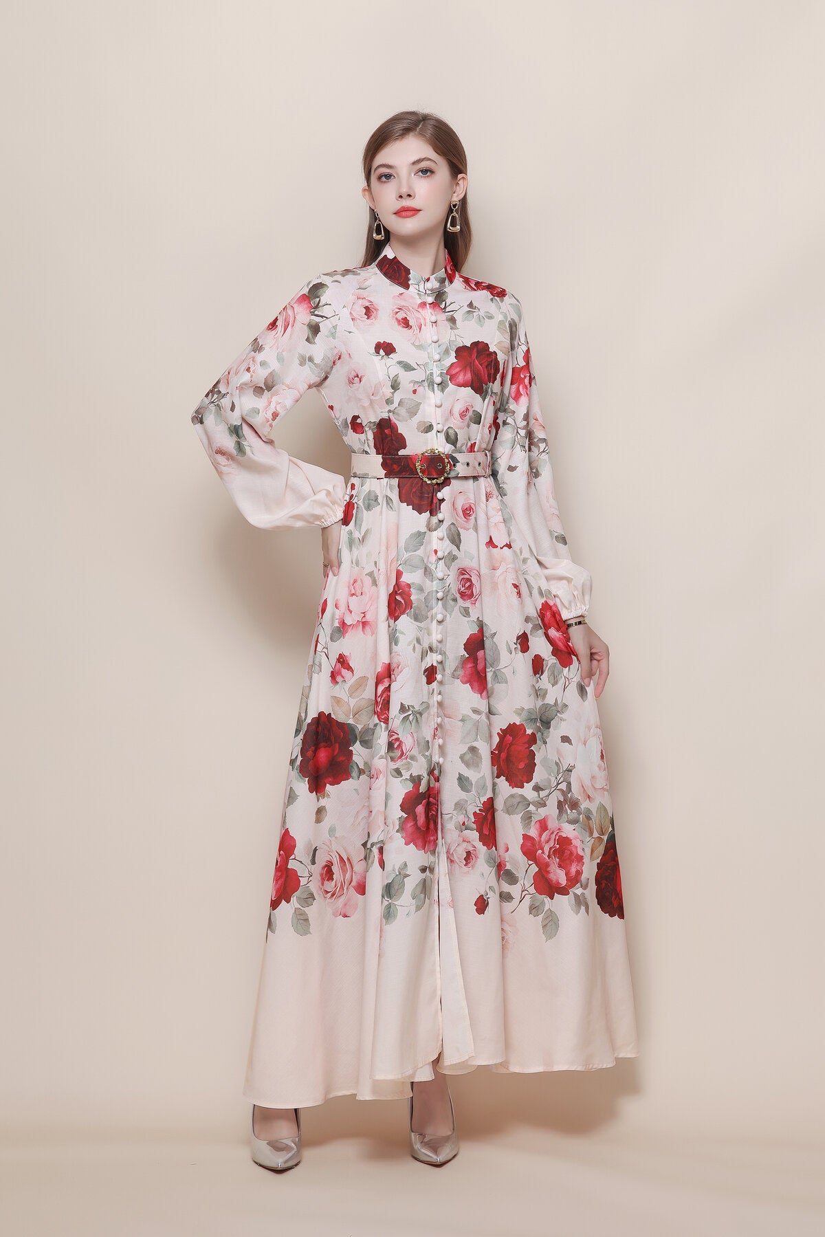 Stand Collar Cascading Rose Print Maxi Dress