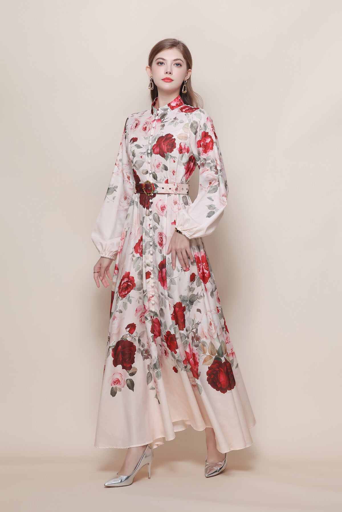 Stand Collar Cascading Rose Print Maxi Dress
