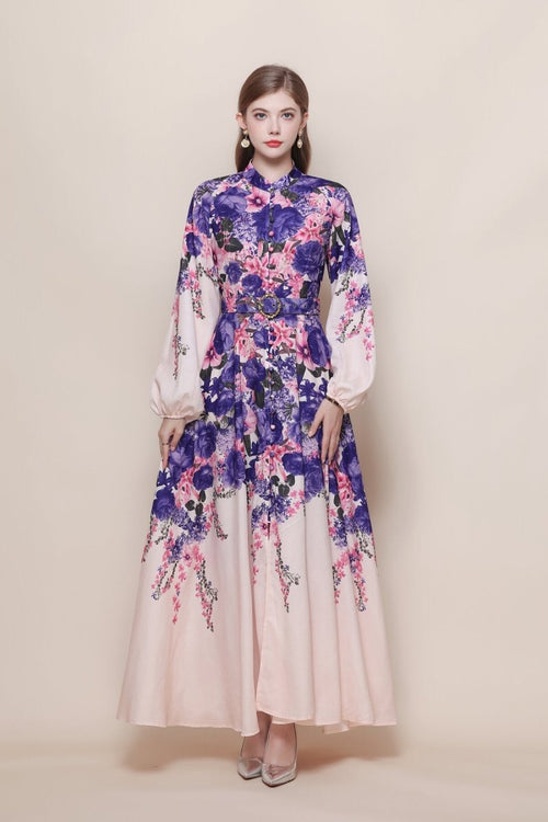 Stand Collar Cascading Violet Peony Print Maxi Dress with Balloon Sleeves and Jeweled Buckle Belt