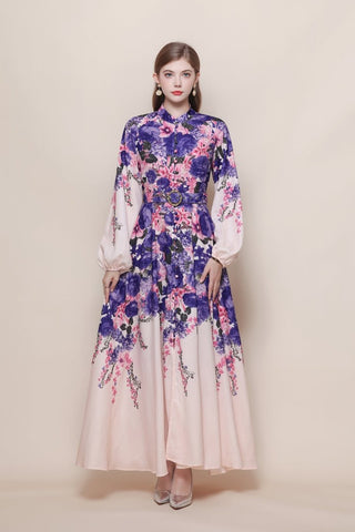 Stand Collar Cascading Violet Peony Print Maxi Dress with Balloon Sleeves and Jeweled Buckle Belt