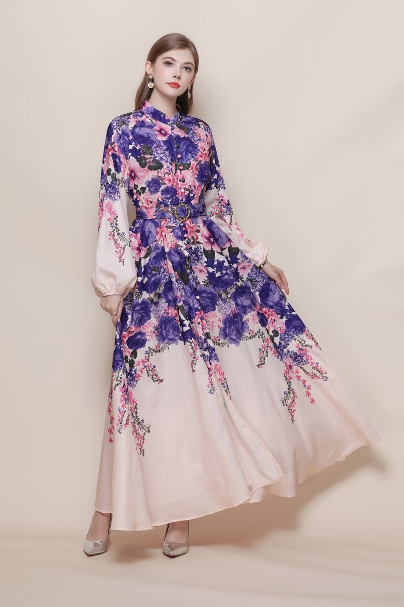 Stand Collar Cascading Violet Peony Print Maxi Dress with Balloon Sleeves and Jeweled Buckle Belt