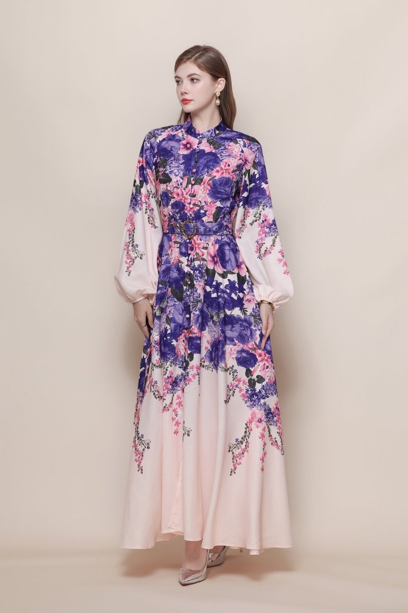 Stand Collar Cascading Violet Peony Print Maxi Dress with Balloon Sleeves and Jeweled Buckle Belt