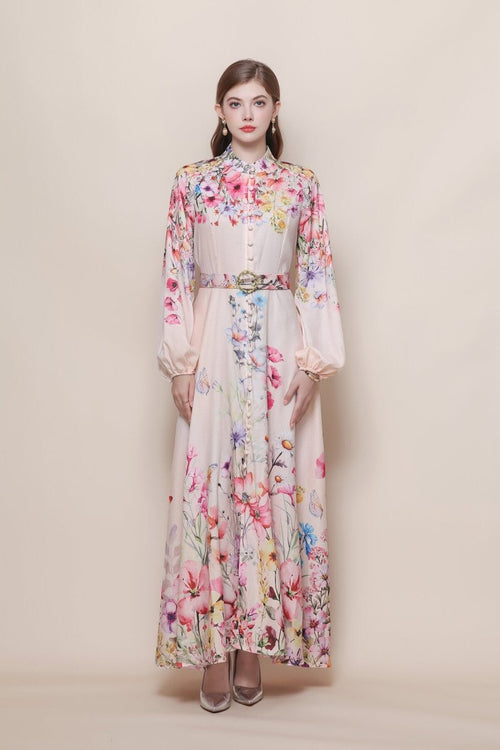Stand Collar Cascading Wildflower Print Maxi Dress with Balloon Sleeves & Jeweled Buckle Belt
