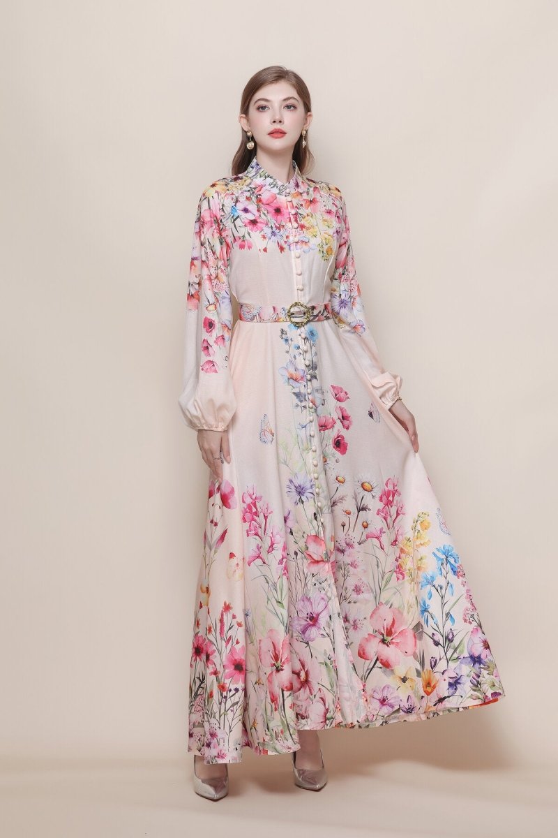 Stand Collar Cascading Wildflower Print Maxi Dress with Balloon Sleeves & Jeweled Buckle Belt